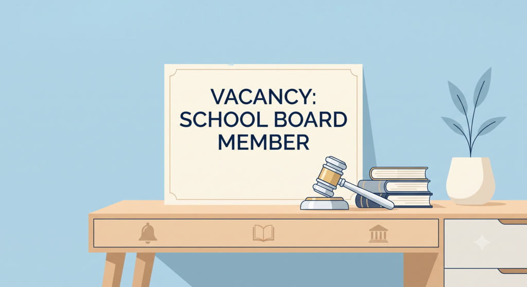 Vacancy: School Board Member postcard on top of a school desk