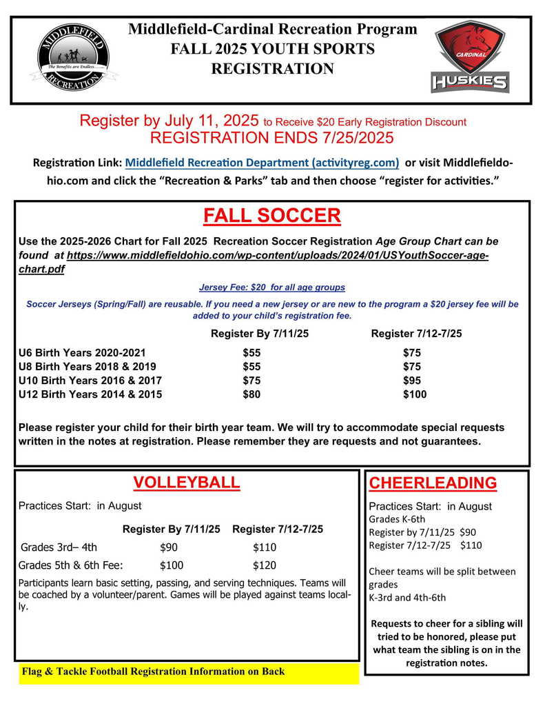 Fall Sports for Middlefield-Cardinal Recreation Program