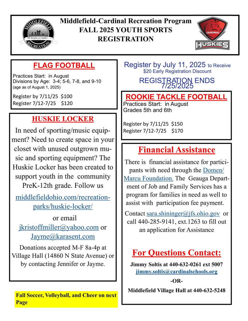 Fall Sports for Middlefield-Cardinal Recreation Program