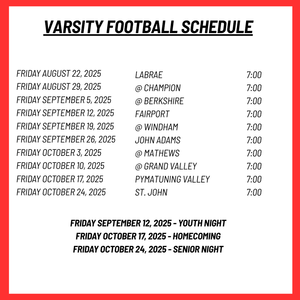 Fall Athletic Schedules - Please make note that our athletic website is down and should be revamped and live in 3-4 weeks.
