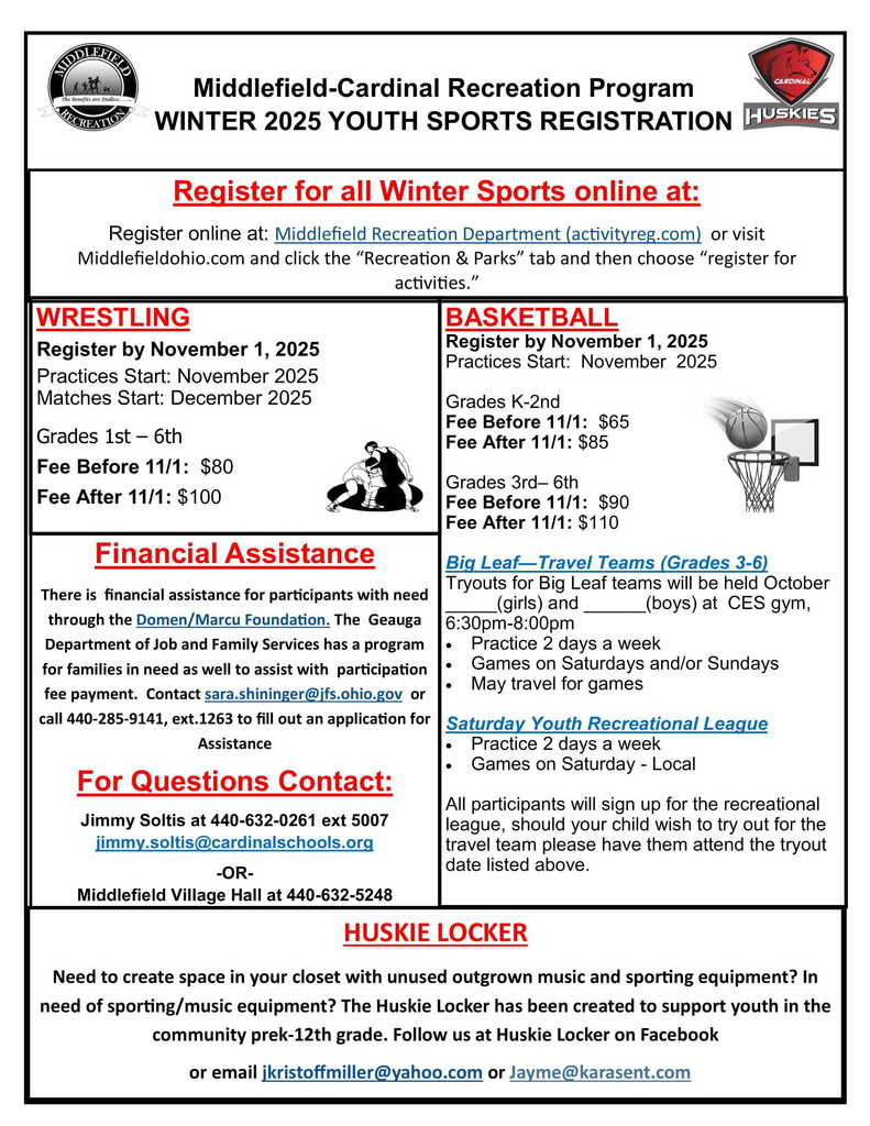 Winter Sports for Middlefield-Cardinal Recreation Programs - Deadline to Register is November 1st.