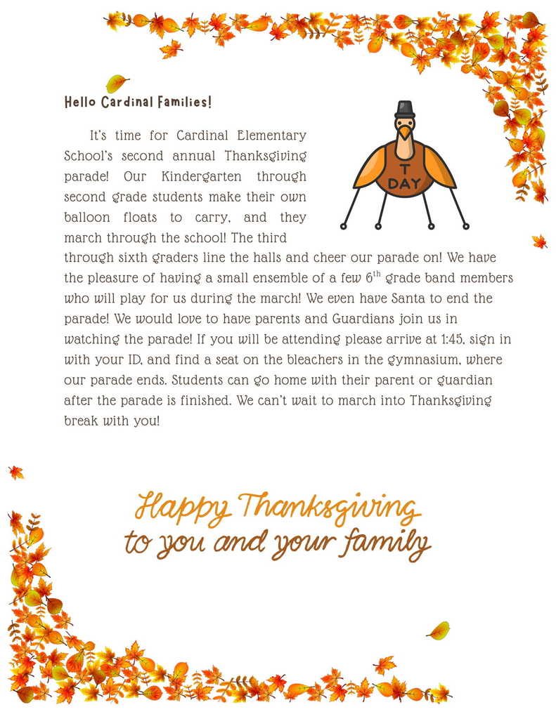 Cardinal Elementary School will host their 2nd Annual Balloons Over Broadway Parade on November 25th. 