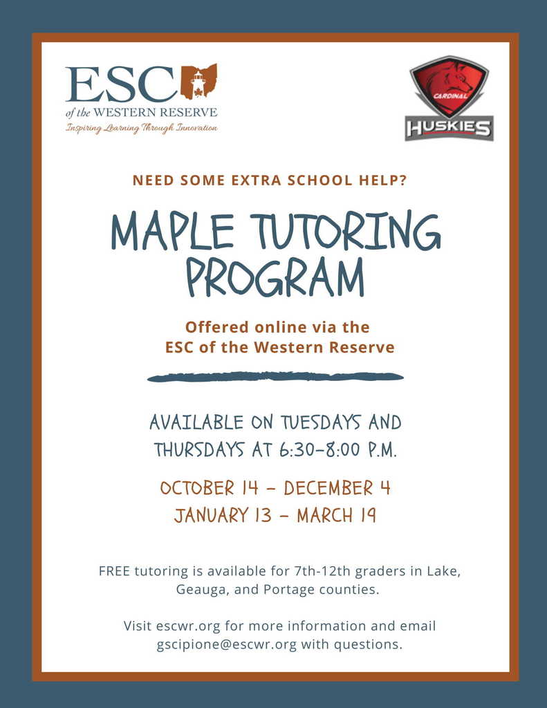 ESCWR Tutoring returns on January 13th for ONLINE tutoring. Every Tuesday and Thursday from 6:30 - 8:00 p.m. 