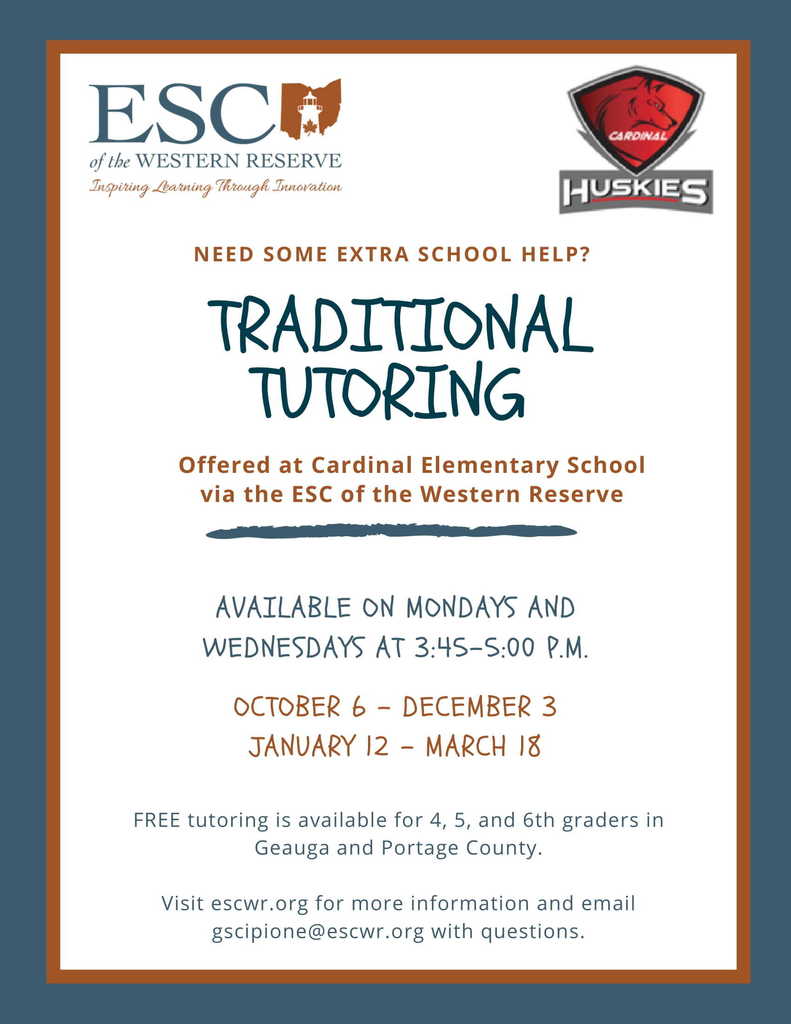 ESCWR Tutoring returns on Jan. 12th at CES from 3:45-5:00 p.m. 