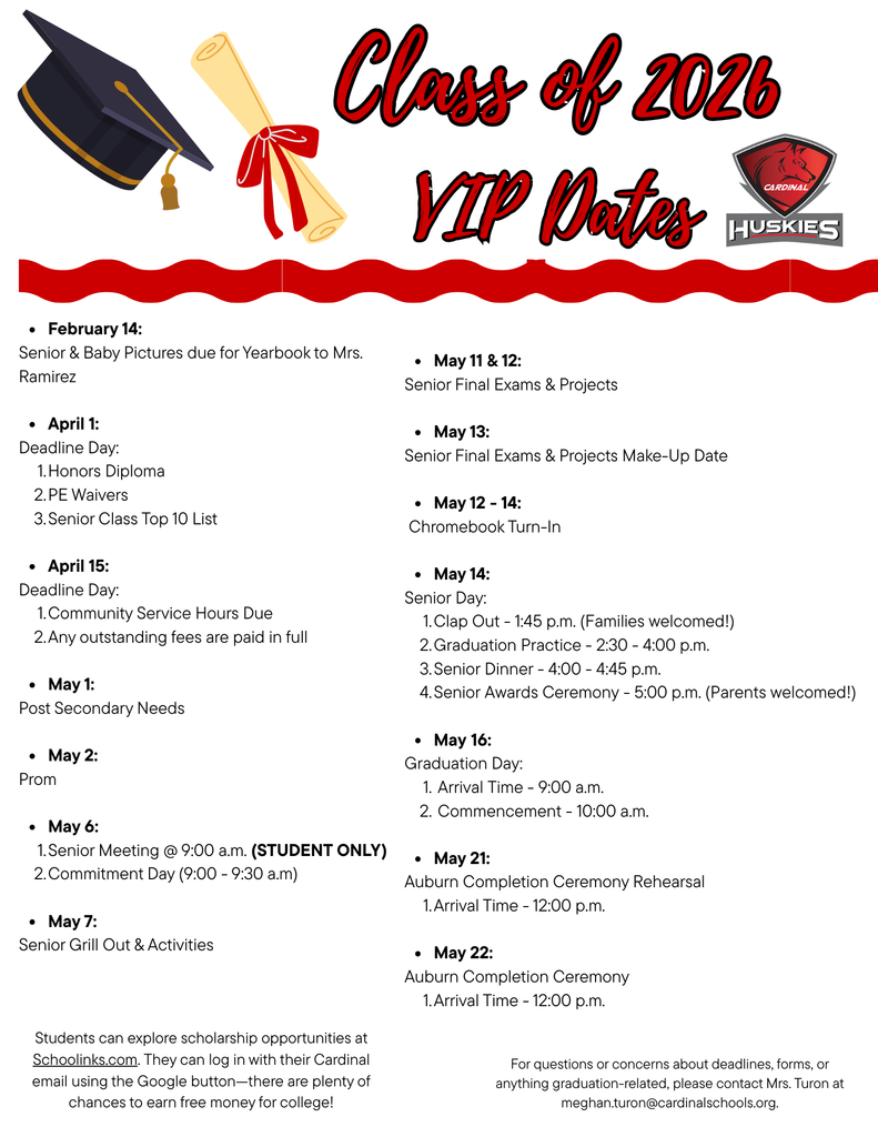 Senior VIP Dates for 2026 - Senior picture & quotes and baby pictures are due this Saturday, February 14th. 