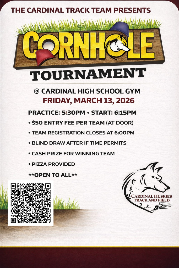 Track and Field Fundraiser - Cornhole Tournament on Friday, March 13th. Practice begins at 5:30 p.m. and start time is at 6:15. 