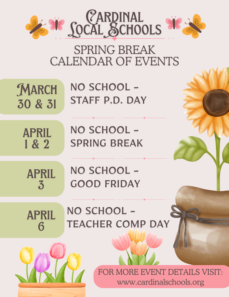 Cardinal Local Schools Spring Break Schedule for March and April 2026.