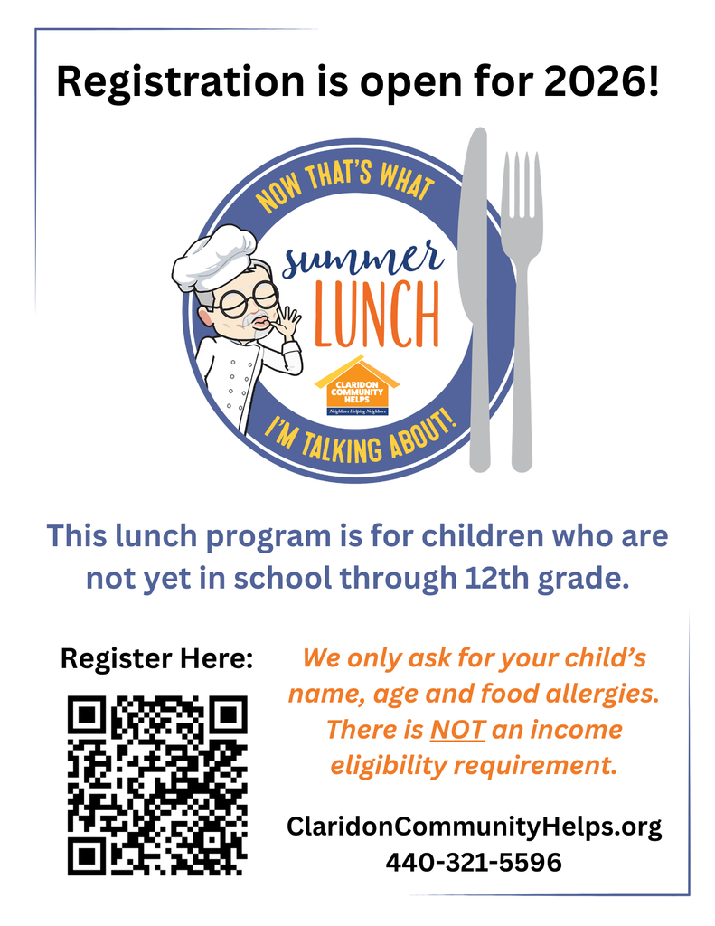 Claridon Community Helps - Summer Lunch program for 2026. 