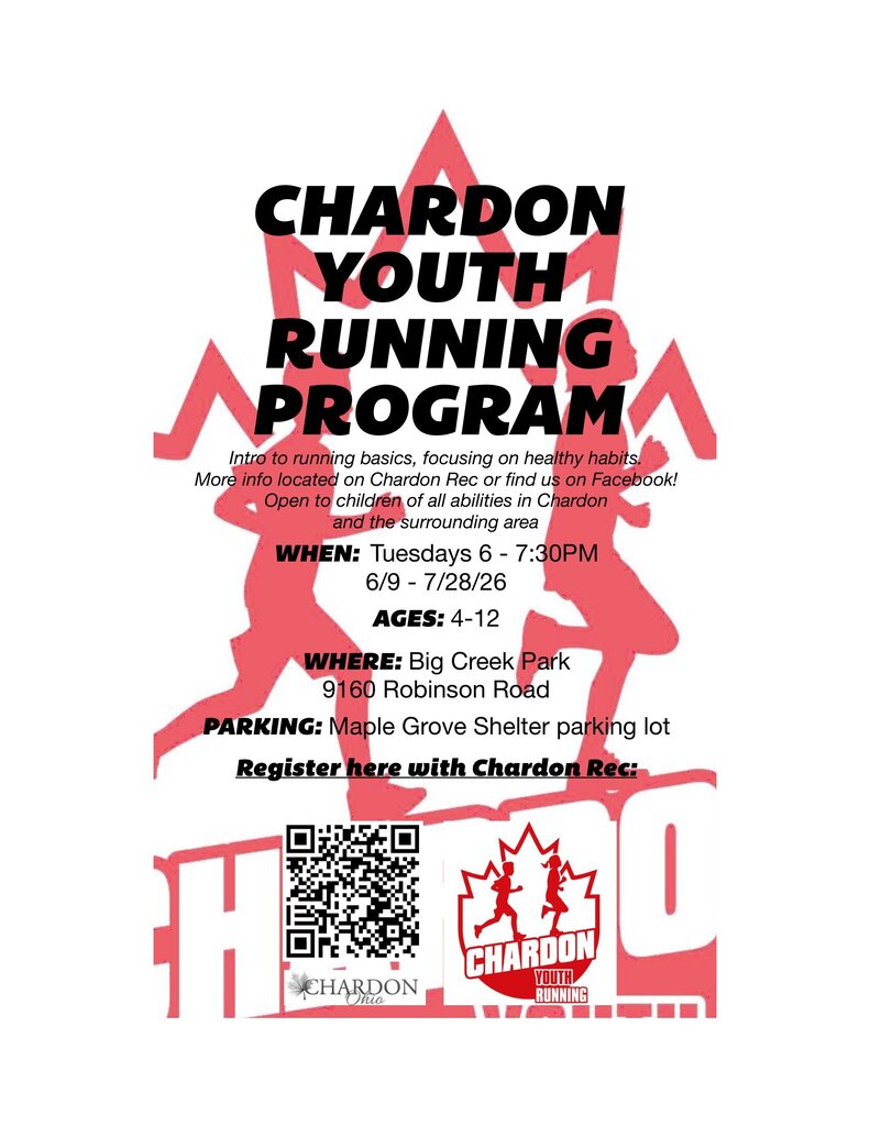 Chardon Youth Running Program - Every Tuesday beginning June 6th through July 28th from 6:00-7:30 p.m.