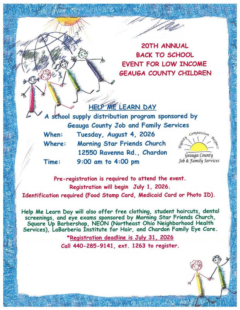 Back to School Event for Low Income Geauga County Children flyer.
