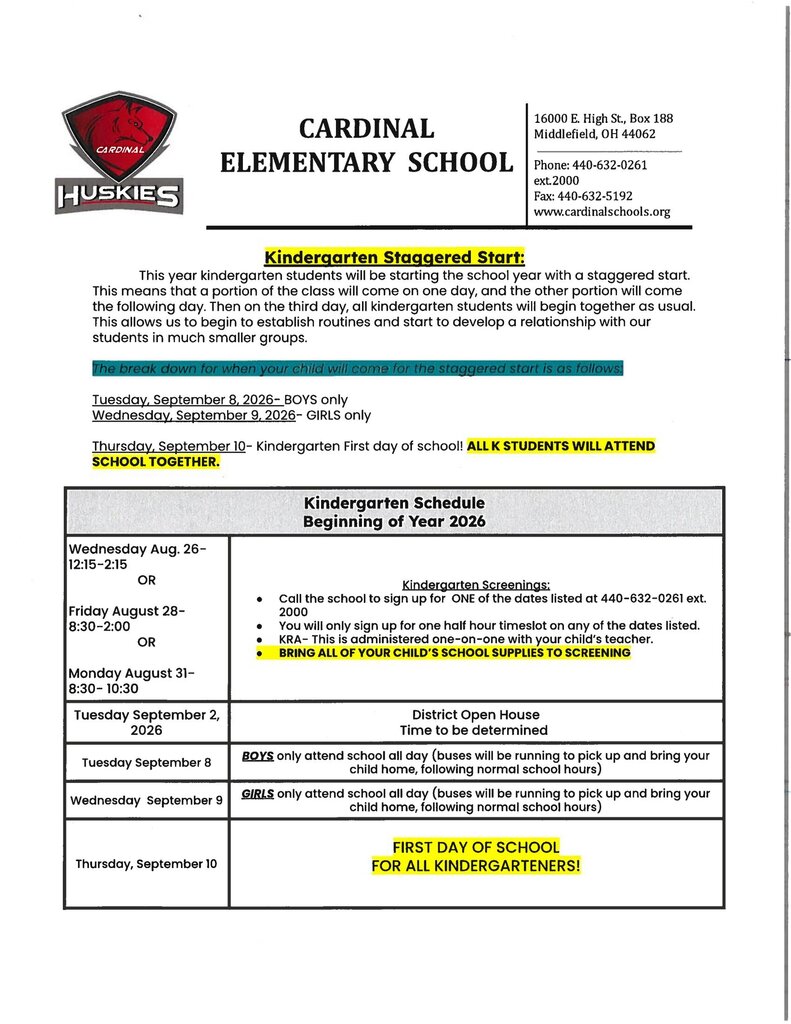 Kindergarten Screenings for the new school year! Schedule your child's half-hour appointment with Karen Retych at 440-632-0261.