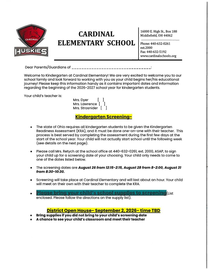 Kindergarten Check-List for enrolling for the 2026-2027 school year.