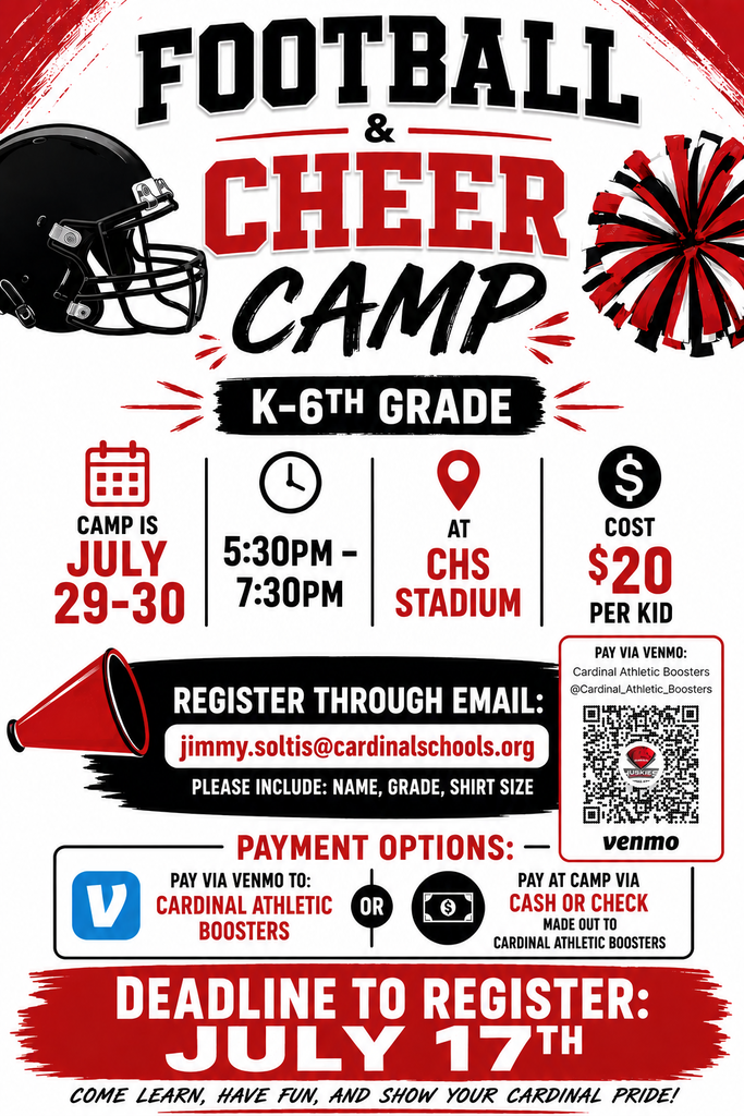 Youth Football and Cheer Camp begins July 29th. Registration deadline is July 17th.