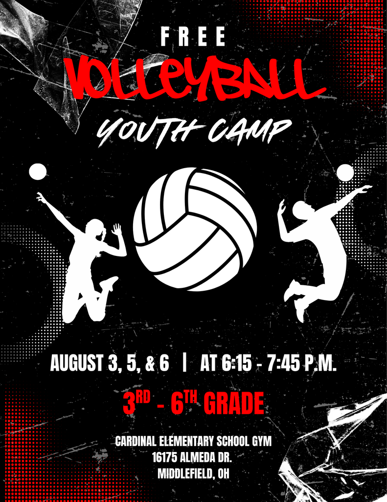 Youth Volleyball Camp on August 3, 5 & 6 from 6:15 - 7:45 p.m. at Cardinal Elementary School for grades 3rd-6th.
