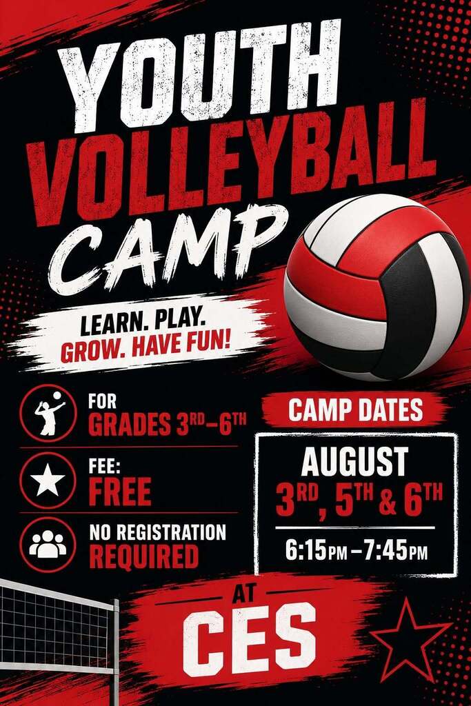 Youth Volleyball Camp on August 3, 5 & 6 from 6:15 - 7:45 p.m. at Cardinal Elementary School for grades 3rd-6th.