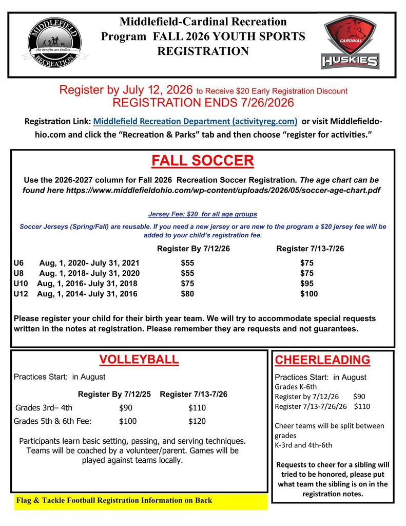 Middlefield Recreation soccer and volleyball sign ups have been extended for another week!