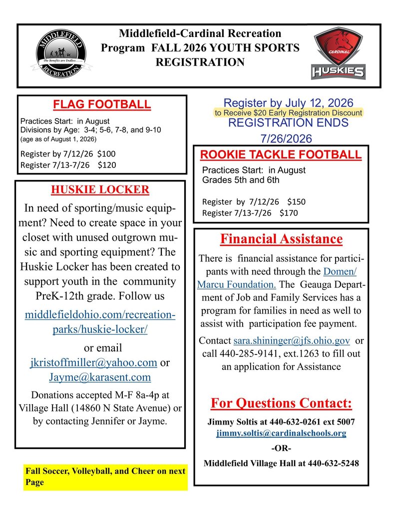 Middlefield Recreation soccer and volleyball sign ups have been extended for another week!