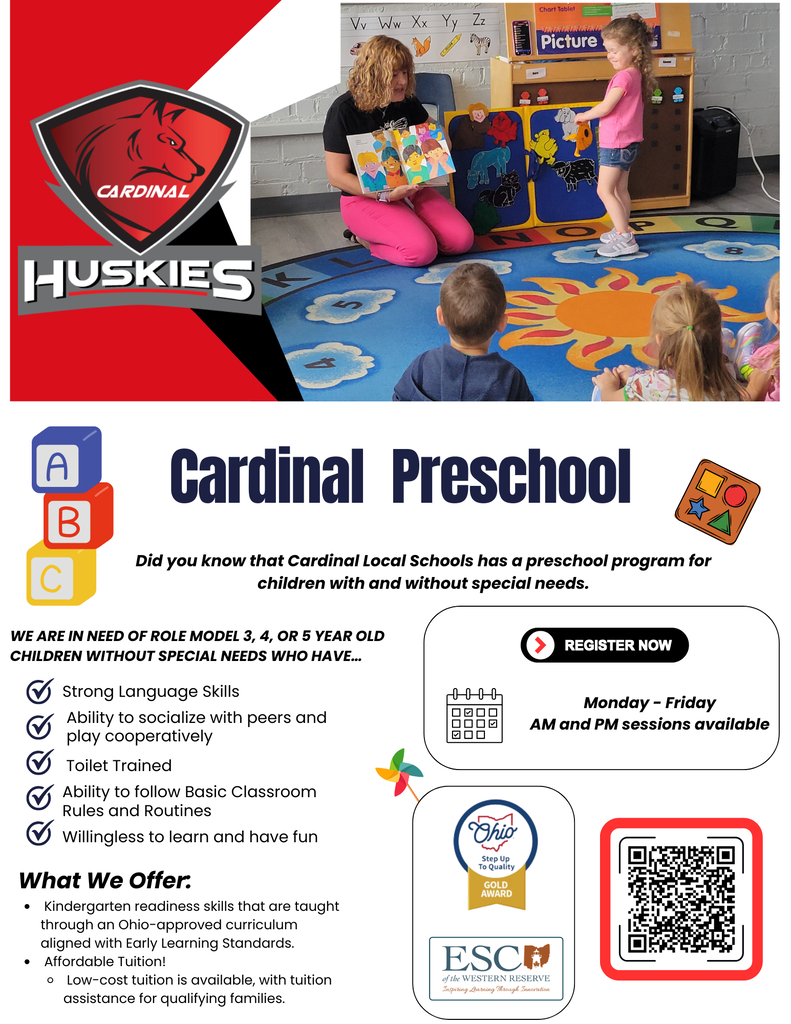 Cardinal Preschool through the ESC - New registration for the 2026-2027 school year.