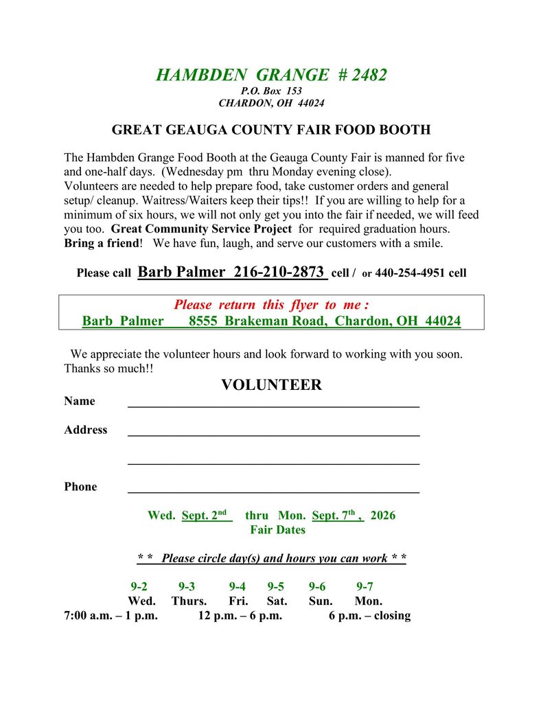 Hambden Grange Food Booth community service opportunity - Labor Day weekend at the Geauga County Fair.