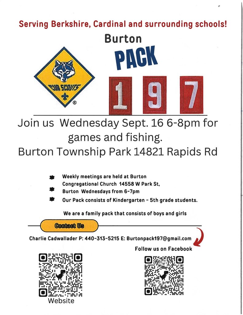 Cub Scout 197 flyer for their first meeting of the new school year, tomorrow night at 6:00 p.m. 