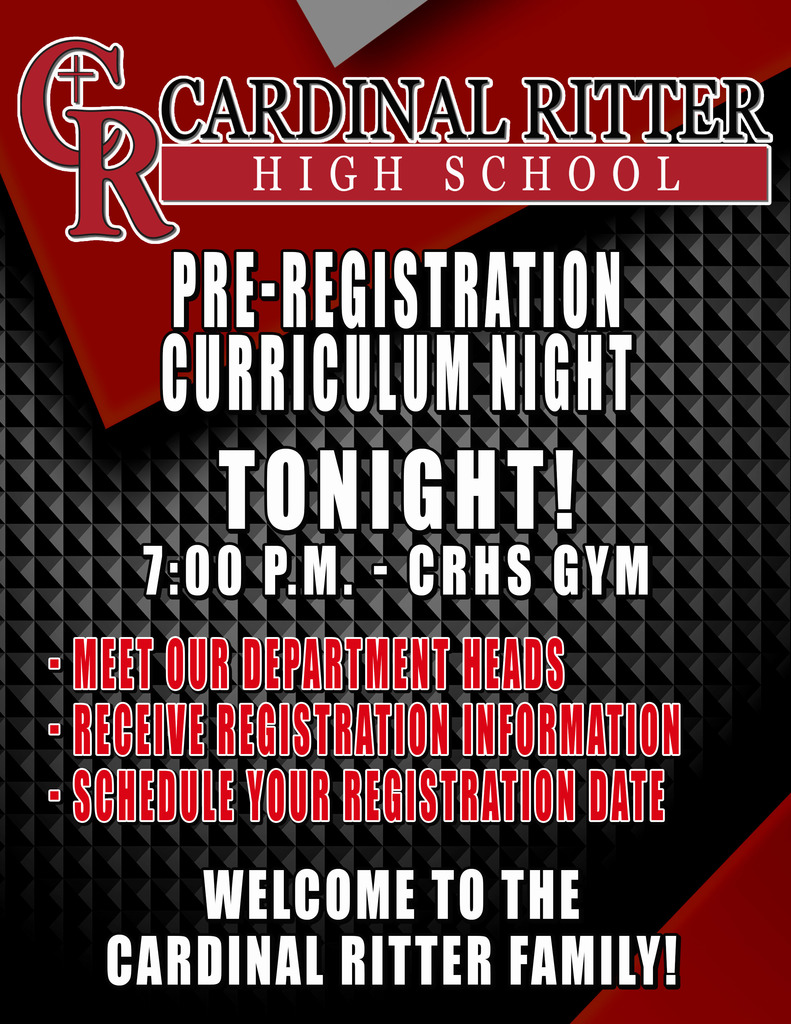 An event flyer for Cardinal Ritter High School. It features a black and red background. The event is titled Pre-Registration Curriculum Night.