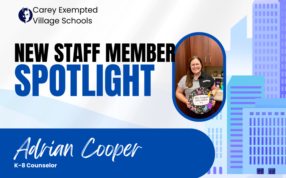 Graphic detailing our new K-8 Guidance Counselor: Adrian Cooper