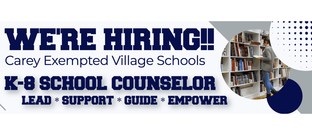 Picture of the We're Hiring banner about the K-8 School counselor position