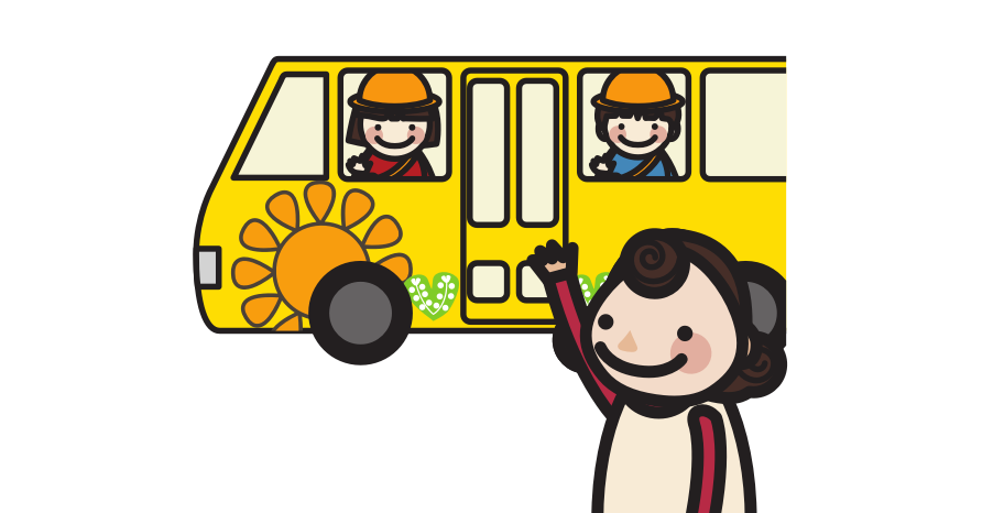 Cartoon image of a person waving to students on bus