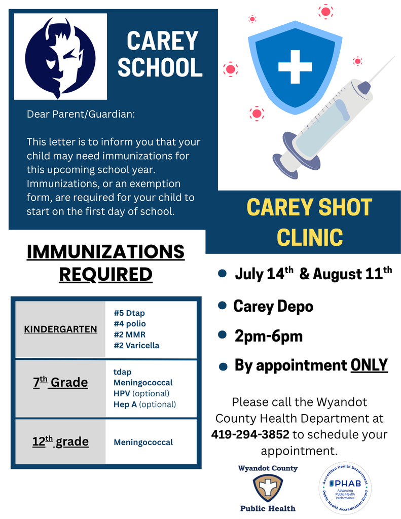 Flyer for students to get their immunizations up to date before school starts.