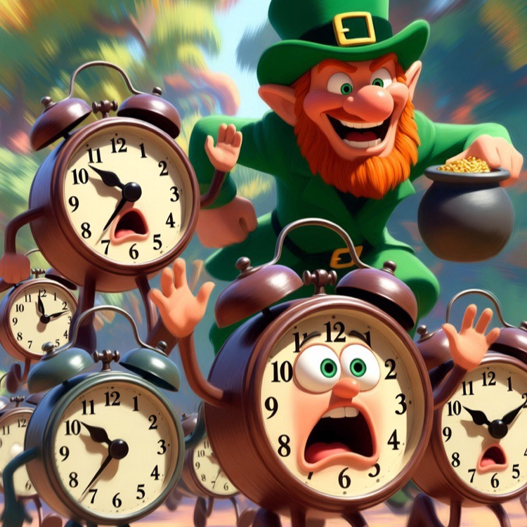 leprechaun chasing clocks