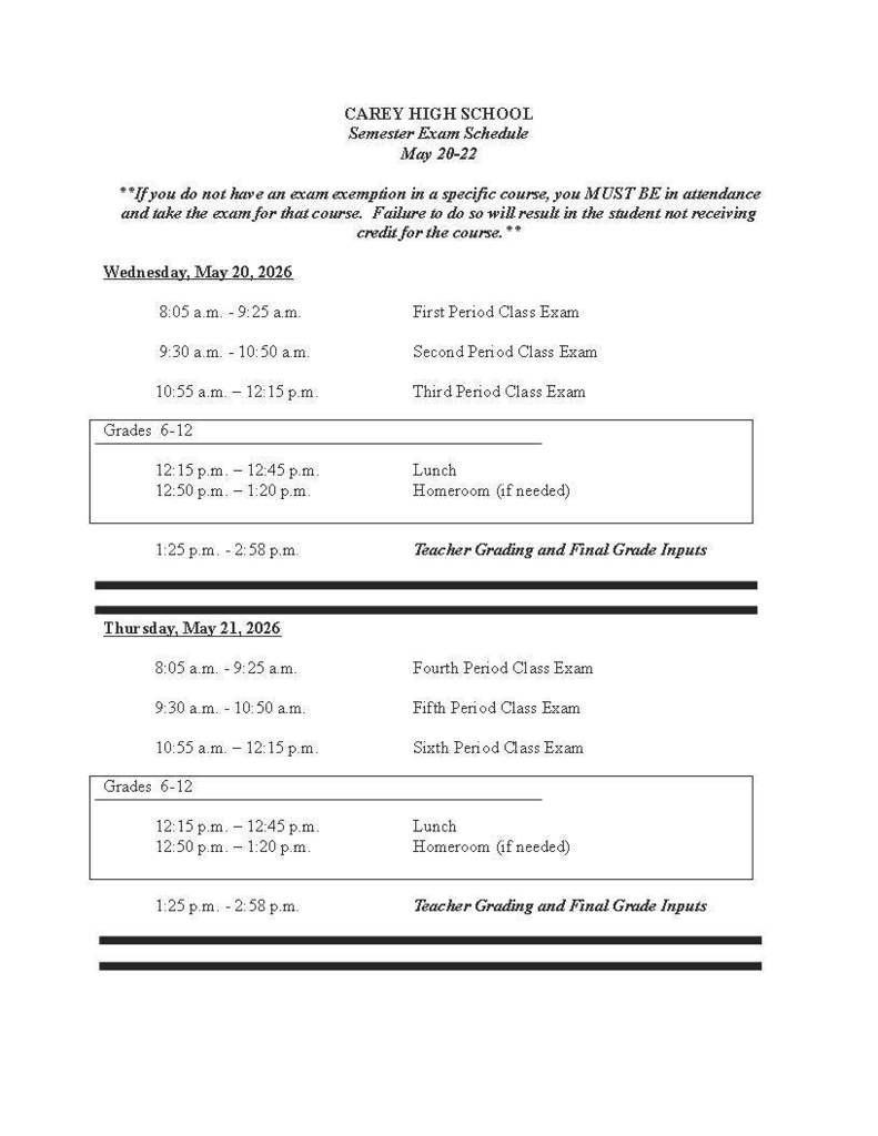 Exam schedule