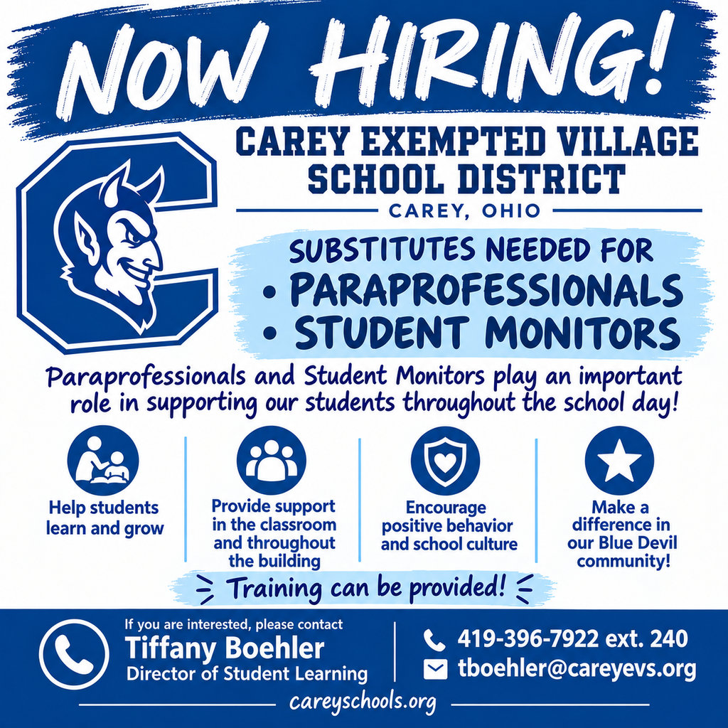 flyer detailing the need for substitute paraprofessionals and student monitors.