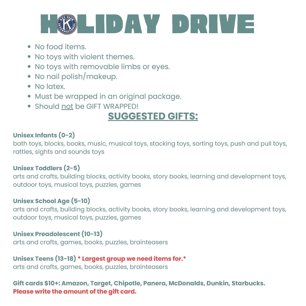 No food items. No toys with violent themes. No toys with removable limbs or eyes. No nail polish/makeup. No latex. Must be wrapped in an original package. Should not be GIFT WRAPPED! SUGGESTED GIFTS: Unisex Infants (0-2) bath toys, blocks, books, music, musical toys, stacking toys, sorting toys, push and pull toys, rattles, sights and sounds toys Unisex Toddlers (2-5) arts and crafts, building blocks, activity books, story books, learning and development toys, outdoor toys, musical toys, puzzles, games Unisex School Age (5-10) arts and crafts, building blocks, activity books, story books, learning and development toys, outdoor toys, musical toys, puzzles, games Unisex Preadolescent (10-13) arts and crafts, games, books, puzzles, brainteasers Unisex Teens (13-18) * Largest group we need items for.* arts and crafts, games, books, puzzles, brainteasers Gift cards $10+: Amazon, Target, Chipotle, Panera, McDonalds, Dunkin, Starbucks. Please write the amount of the gift card.