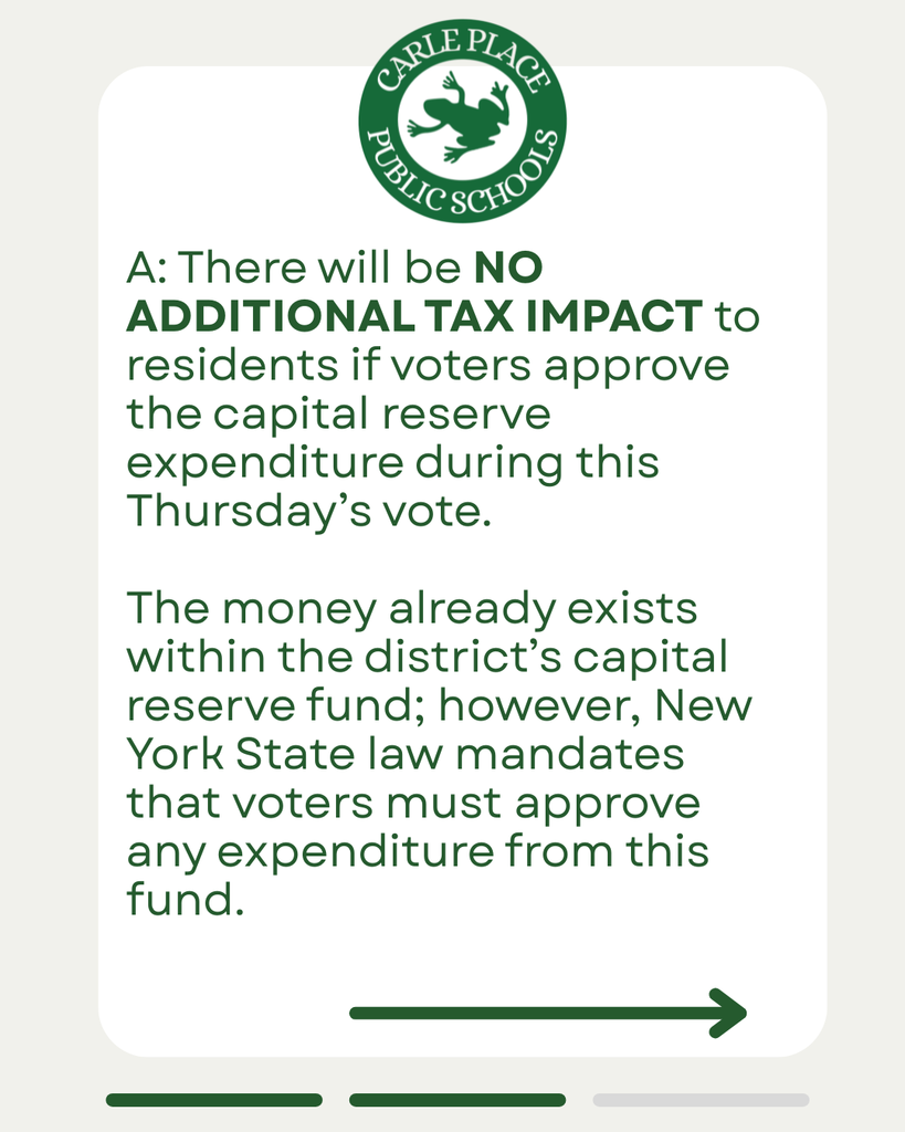 Please remember to vote this Thursday! Polls will be open from 6 a.m.-9 p.m. in the Carle Place High School multipurpose room.