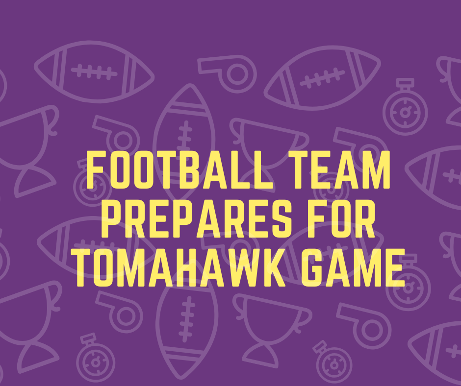 A dark purple background with various sports icons (footballs, trophys, whistles, etcs). There is yellow text on top that says "Football Team Prepares for Tomahawk Game"