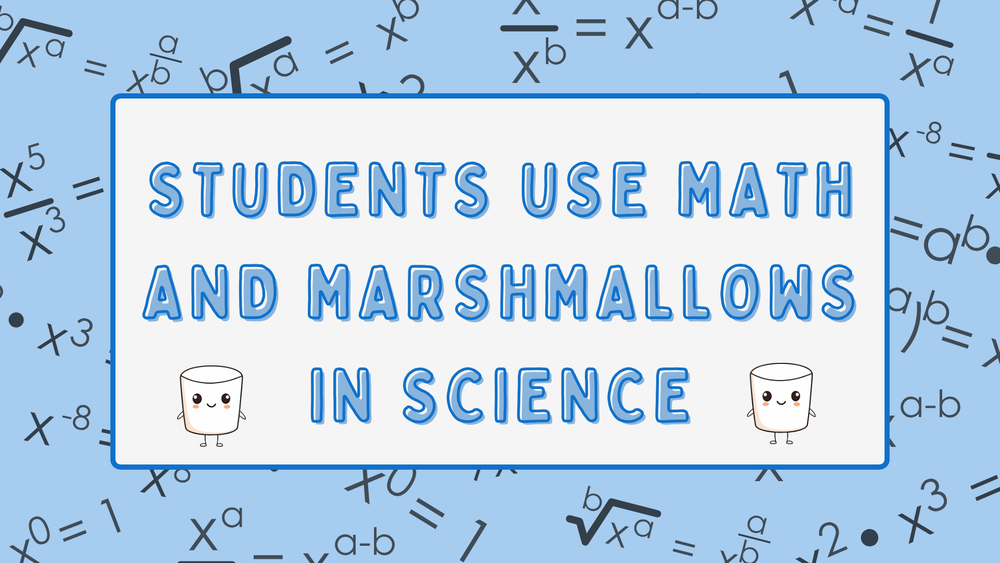 Math equations are seen on a light blue background. In a white text box with blue texts it reads "Students Use Math and Marshmallows in Science". 2 tiny marshmallows with faces are seen on each side of the text.