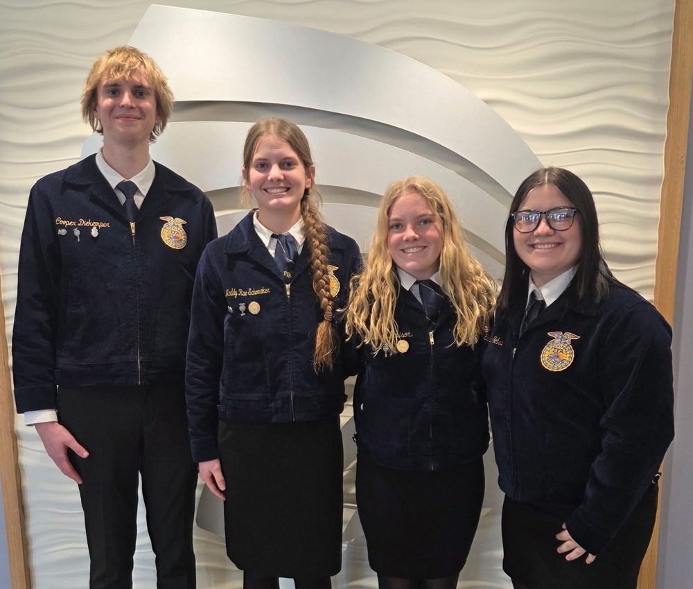Cooper Diekemper, Maddy Rae Schomaker, Katelyn Davison, and Karlie Gehrs interviewed for their Illinois FFA State Degree by interviewing with Section 21 teachers last Tuesday at Mt. Vernon Township High School. The committee of educators reviewed their SAE records, FFA experiences, and community service efforts to ensure they meet the qualifications of the highest degree Illinois can award.