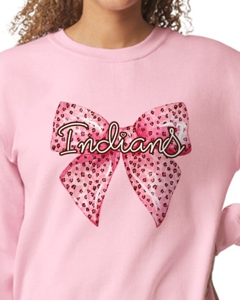 design of shirt has a leopard print bow and says "Indians" in cursive font