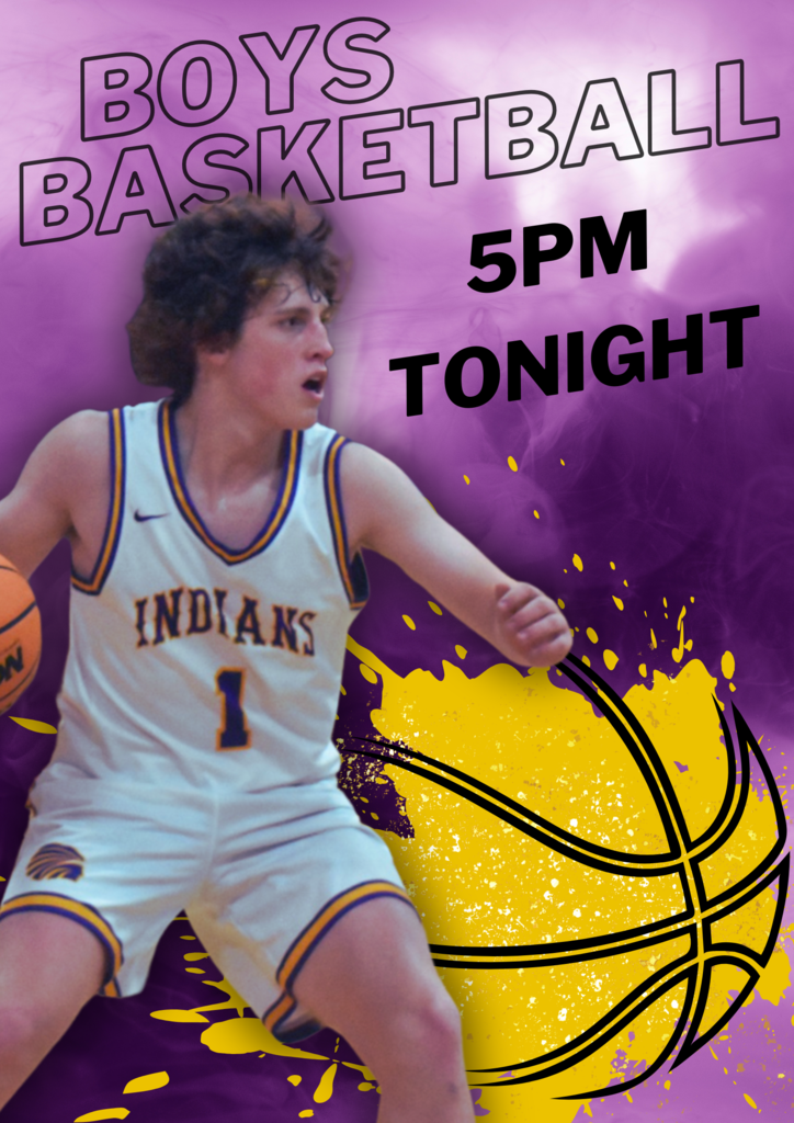 A promotional poster for a boys' basketball game featuring a player in a white and purple Carlyle Indians jersey with the number 1. The background is purple with a smoky effect, and a large yellow and black basketball graphic with paint splatter is in the lower right corner. The text reads 'BOYS BASKETBALL' in bold, outlined letters at the top and '5PM TONIGHT' in solid black text on the right side.