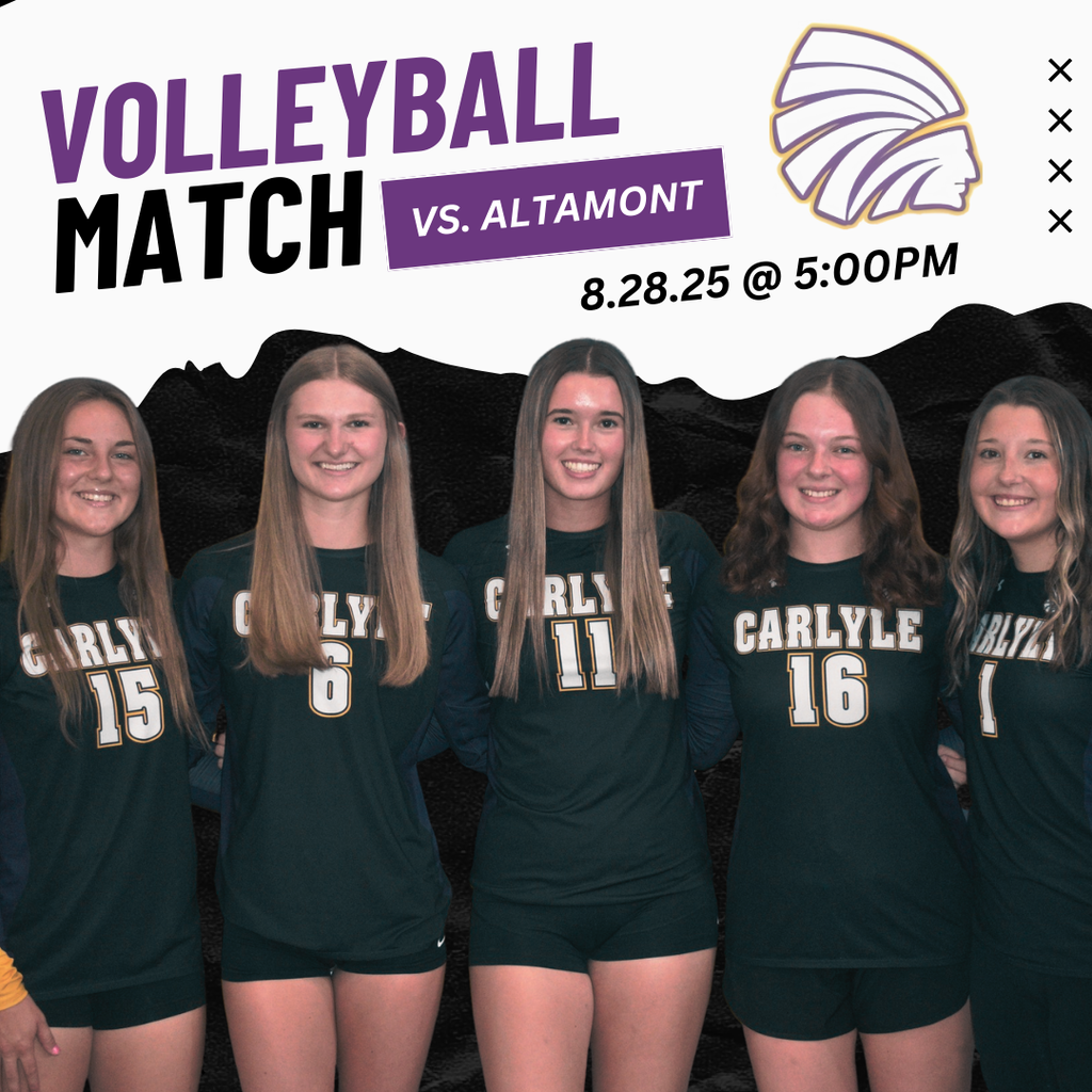  A group of five high school volleyball players in dark green and yellow jerseys stand in a line, smiling at the camera. Above them, text reads "VOLLEYBALL MATCH VS. ALTAMONT," with the date "8.28.25 @ 5:00PM" and a purple-and-white Indians logo