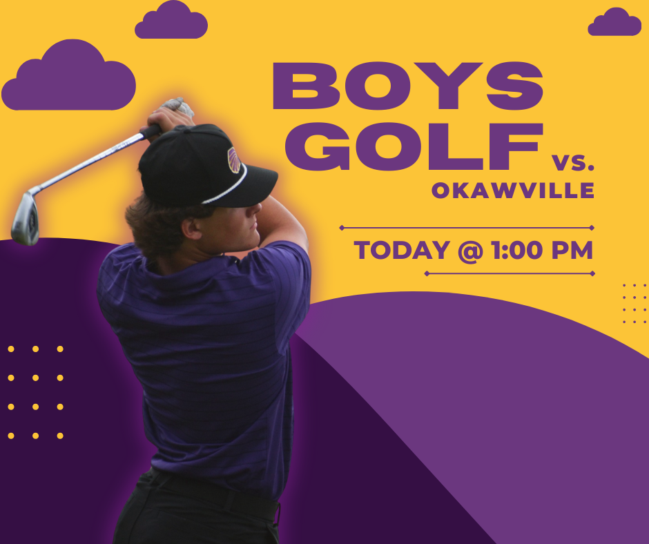 A graphic announcing a boys’ golf match. A golfer in a purple shirt and black hat is swinging a club on the left side of the image. The background is gold and purple with cloud graphics. Text reads: “Boys Golf vs. Okawville. Today @ 1:00 PM.