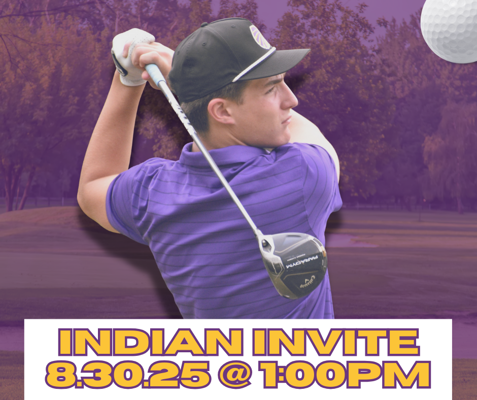  A golf-themed digital flyer. A male golfer in a purple polo shirt and a black baseball cap is mid-swing. The background is a golf course with blurry trees, a green sky, and a large golf ball in the top right corner. The text "INDIAN INVITE 8.30.25 @ 1:00 PM" is in large, yellow, capital letters at the bottom.