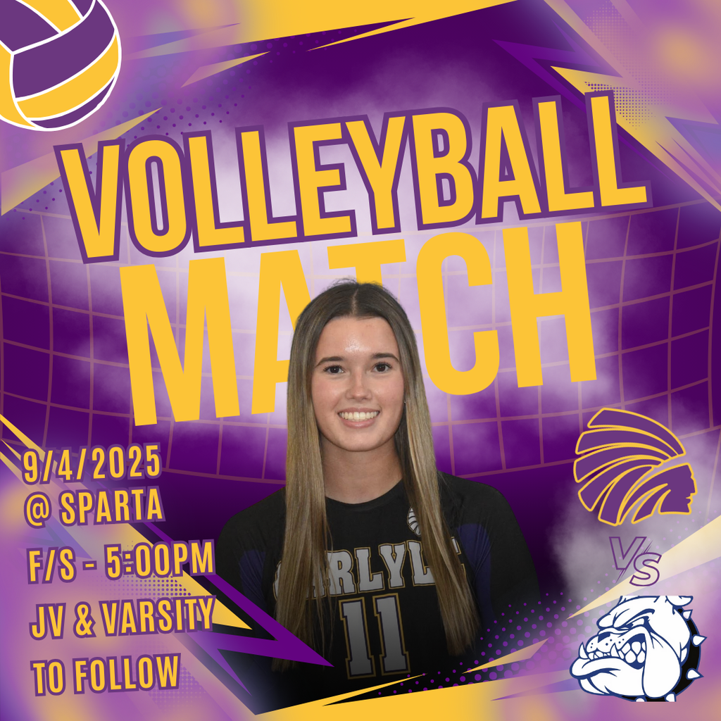 A purple and yellow volleyball match graphic featuring a player in the center, with text "Volleyball Match" prominently displayed. Details about the match on 9/4/2025 at Sparta, Freshmen/Sophomore at 5:00 PM, and JV & Varsity to follow are included, along with school logos.