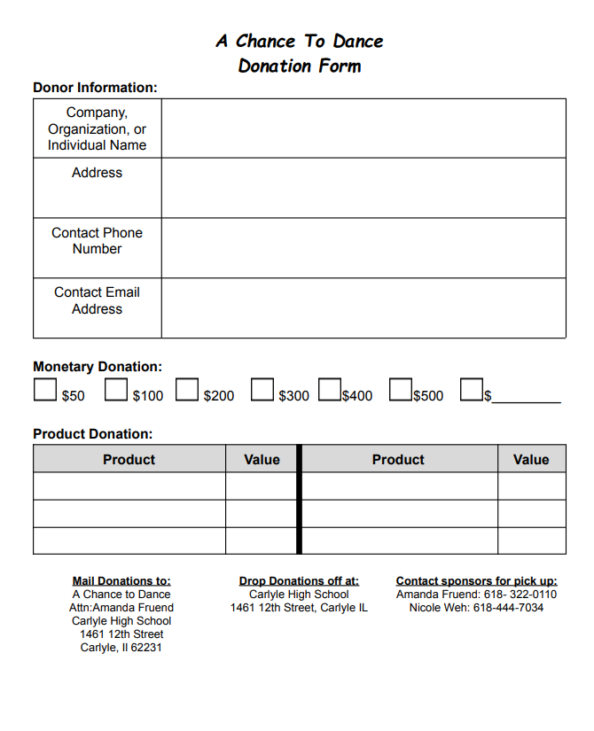 Donation form titled “A Chance to Dance Donation Form.” Includes fields for donor information, checkboxes for monetary donations ranging from $50–$500, space for product donations, and mailing/drop-off contact information.