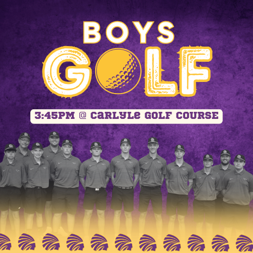 Alt Text A poster for a boys' golf event. The text "BOYS GOLF" is at the top with a golf ball as the 'O'. Below is a group of male golfers in uniform, with the event details "3:45PM @ CARLYLE GOLF COURSE" displayed. The background is a purple and gold pattern.