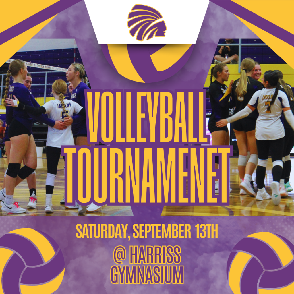 A graphic promoting a high school volleyball tournament. The background features photos of volleyball players huddling, with a large "Volleyball Tournament" text overlay.