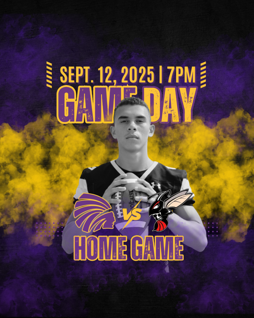 A graphic for a football game. A football player centered, holding a football. The background is a smoky mixture of purple and gold. Text at the top reads, "September 12, 2025 at 7:00 PM" and "Game Day." At the bottom of the image, the text reads, "Home Game." Two team logos are shown below the player's hands: on the left, a purple and yellow indian head, and on the right, a red and black hornet.