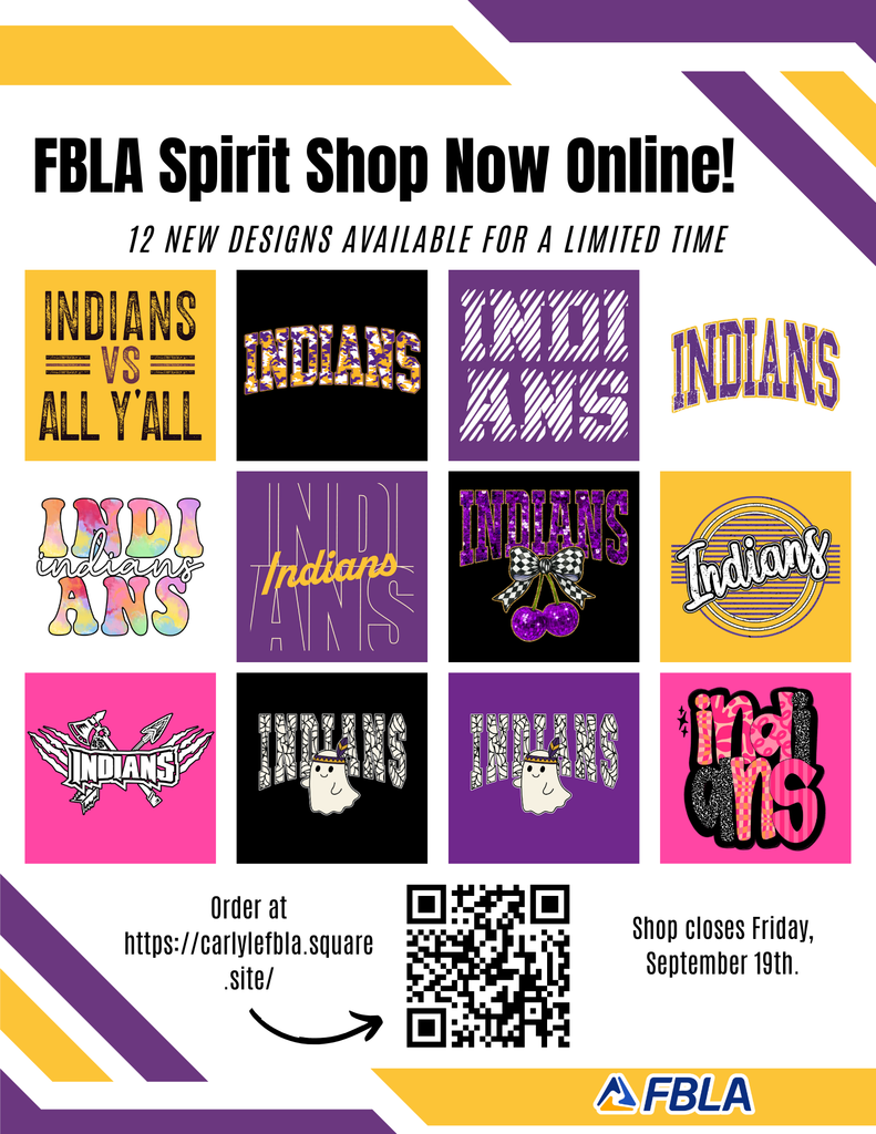 a flyer for fbla's spirit shop with the website link and shop closing on 9/19
