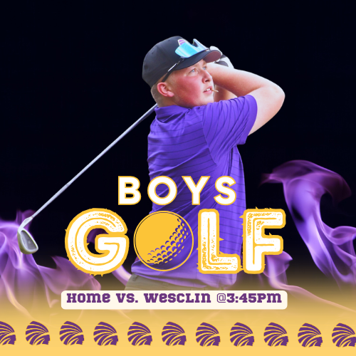 Graphic promoting Carlyle High School boys golf. A golfer in a purple shirt and cap is shown mid-swing against a dark background with purple flames. Bold text reads "BOYS GOLF," with a golf ball inside the word “GOLF.” Additional text says "Home vs. Wesclin @ 3:45PM." Carlyle’s logo is repeated along the bottom border.