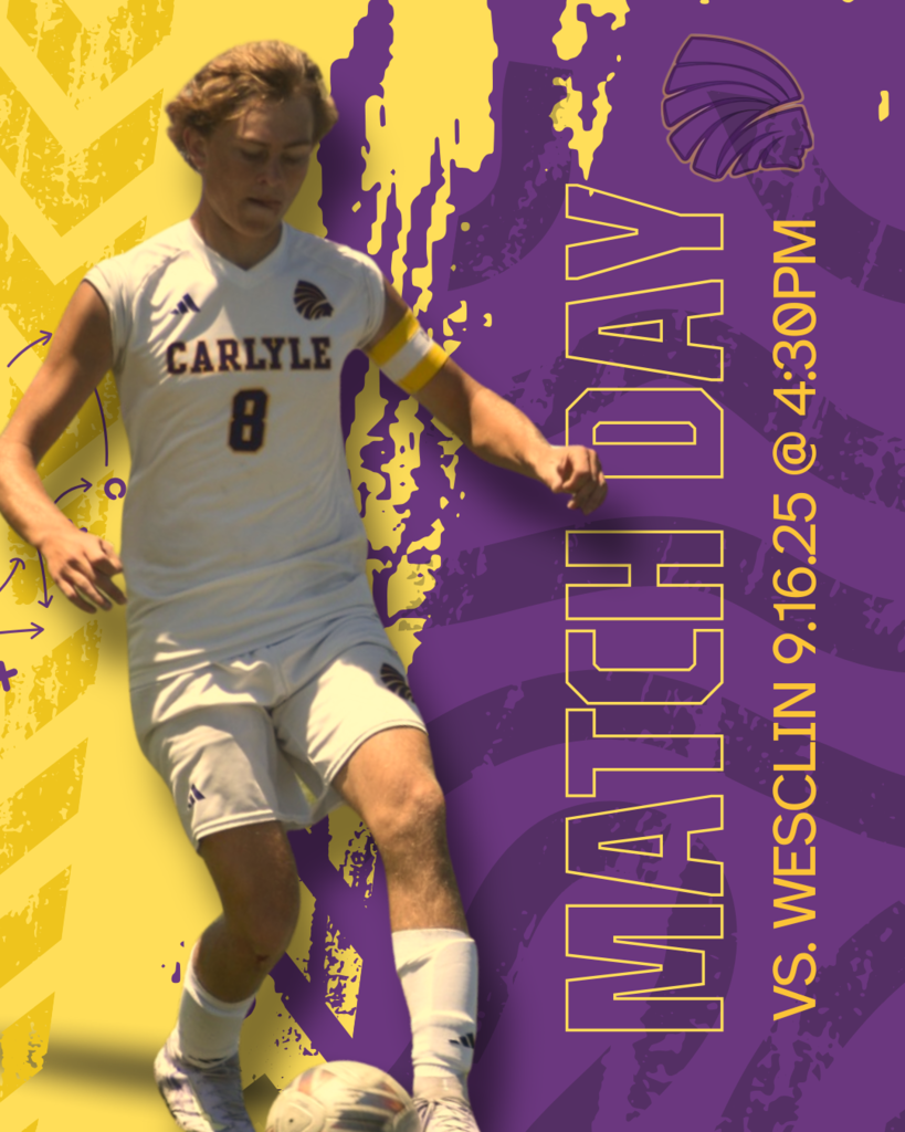 A promotional graphic for a soccer match featuring a male player in a white Carlyle jersey with number 8. The background is split purple and yellow with "MATCH DAY" in large purple letters and "VS. WESCLIN 9.16.25 @ 4:30PM" in yellow text.